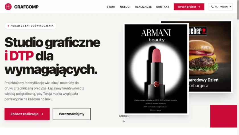 Podgląd strony studia Grafcomp: typografia i przykłady projektów graficznych